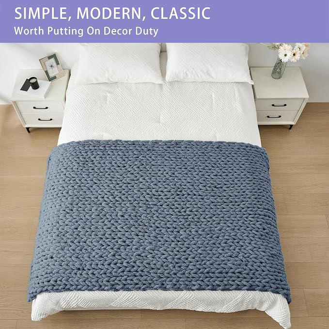 Bigacogo Chunky Knit Throw Blanket for Couch, 40x80 inches, Cold Sea Blue | Hand Knit with Jumbo Chenille, Soft Breathable Cable Knit for Sofa Bed Living Room, Machine Washable, Gift for Mom Friend
