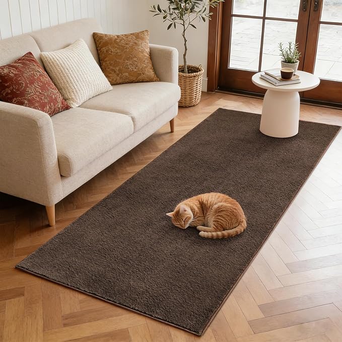 FinRèc 2x8 Washable Runner Rugs for Kitchen Hallway Bedroom, Low Pile Thin Rug Solid Color, Non-Slip Carpet Indoor for Home Decor (Pure Brown)