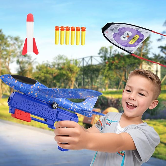 5PCS Aircraft Launcher, EVA Foam Glider Catapult Children's Aircraft Toys - Fun Outdoor Children's Flying Toys Boys and Girls Birthday Gifts, Party Supplies, Blue