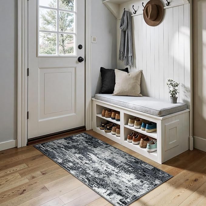 RELEANY Washable 2'x5' Abstract Area Rug for Living Room Black White | carpet for bedroom, kitchen, office, hallway and entryway, printed pattern, non-slip, soft, stain-resistant, easy to clean