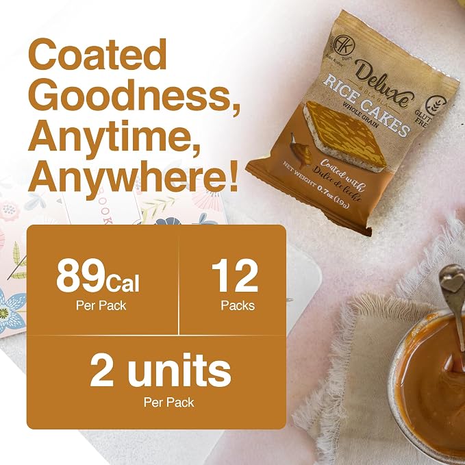 Deluxe & Bla Bla Rice Cakes 12 Pack – Whole Grain, Gluten-Free, Kosher, Low-Calorie Snack – Coated with dulce de leche – Healthy & Crunchy Treat – Individually Wrapped, (19g Each)