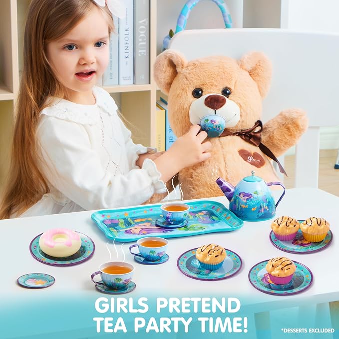 JOYIN Mermaid Tea Party Set for Little Girls, Pretend Tin Teapot Set, Princess Tea Time Play Kitchen Toy with Teapot, Cups, Plates, Carrying Case for Easter Birthday Gifts Kids Toddlers Age 3 4 5 6