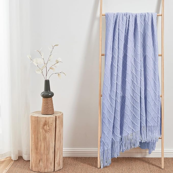 inhand Ashley Blue Knitted Throw Blanket for Couch and Bed, 50"x60" | Soft Living Room Home Decor Knitted Blanket with Tassel, Outdoor Lightweight Breathable , Farmhouse Warm Woven Decorative