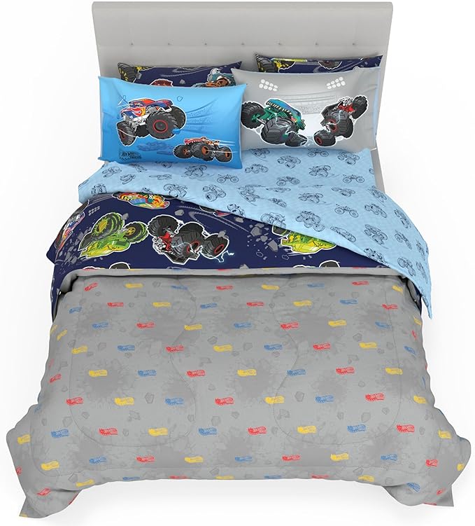 Monster Trucks x Hot Wheels Bedding Set, Full Size 7 Piece Set Kids Super Soft Cozy Reversible Comforter and Sheet Set with Sham, (100% Officially Licensed Product) by Franco