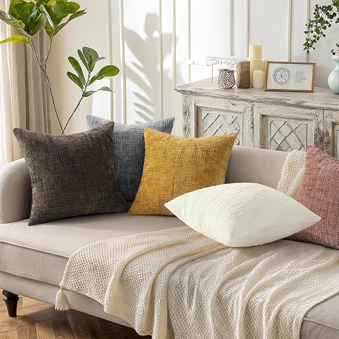 decorUhome Textured Chenille Throw Pillow Covers 20x20 Set of 2 Pink | Fall Modern Farmhouse Soft Cozy Slubby Couch Pillow Cases Boho Decorative Pillow Cases for Bed Sofa Living Room Home Decor