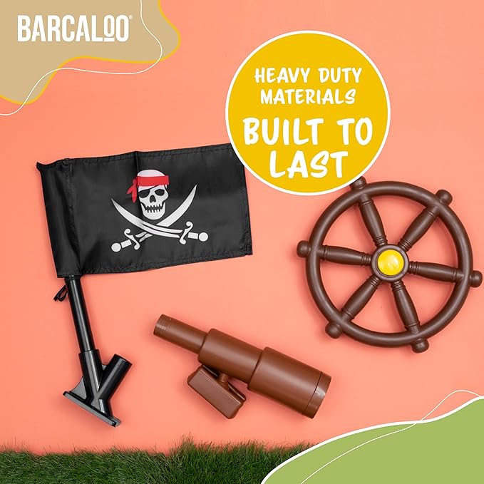 Barcaloo Playground Accessories for Kids Outdoor Playset with Pirate Ship Playhouse Wheel, Telescope & Flag Play Set, Attachments for Backyard Treehouse, Jungle Gym and Swing Set