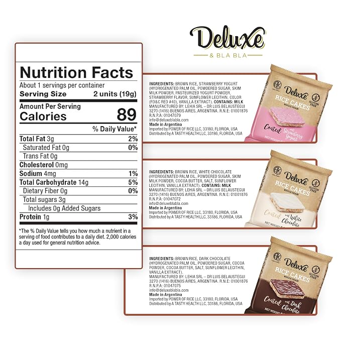 Deluxe & Bla Bla Chocolate Covered Rice Cakes 12 Pack – Whole Grain, Gluten-Free, Kosher Snack – Low-Calorie & Crunchy – Coated with Dark & White Chocolate & Strawberry Yogurt (19g Each)