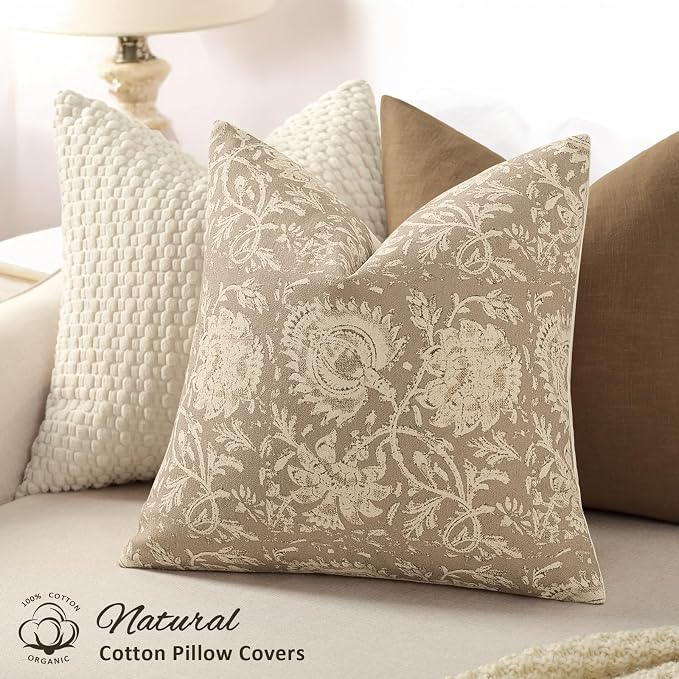 Vintage Floral Print Throw Pillow Covers 20x20 Set of 2 Neutral Modern Farmhouse Pillowcases Accent Decorative Cushion Covers Boho Home Decor for Couch Sofa Chair Bed Living Room, Latte