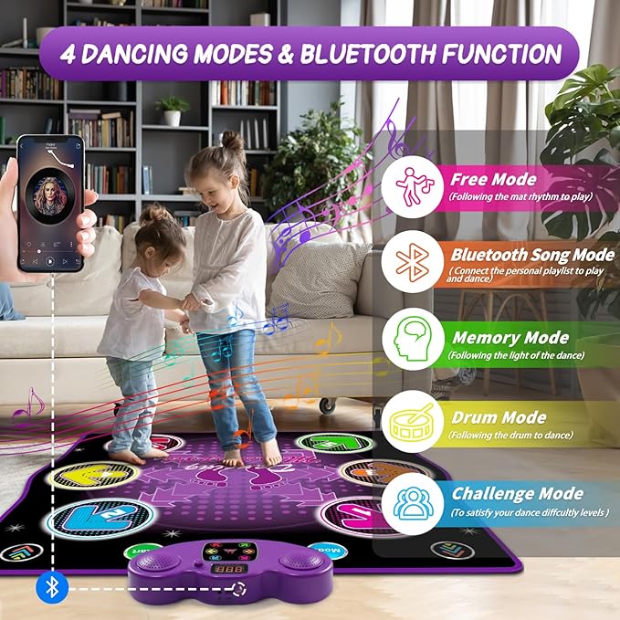 Ysityum Kids Dance Mat Toy with 2 Gesture-Sensing Wristbands - Wireless Bluetooth Light-Up 6-Key Electronic Dance Pad, 6 Games & Music Modes, Birthday Gift for Girls Boys