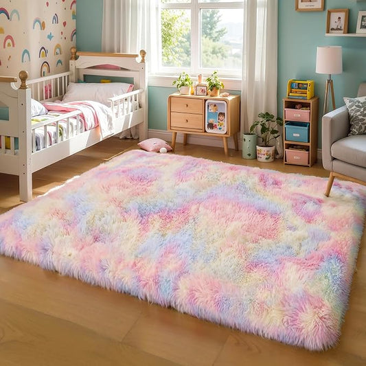 5x7 Thick Rainbow Unicorn Rug for Girls Bedroom, Soft Plush Shag Carpet | Area Rug for Living Room, Kids Nursery, Boys Dorm Room, Washable Non Slip Shaggy Carpet