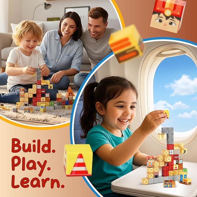 Mini Magnetic Blocks Travel Set – Christmas STEM Toddler Toys in Iron Box, Educational Building Cubes for Kids Ages 3–8, for Boys & Girls (49PCS Construstion Edition)