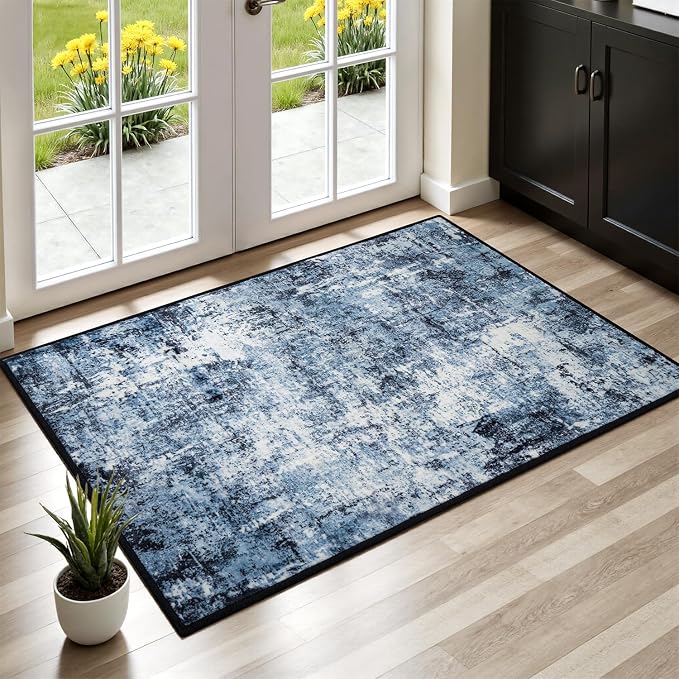 Rugflix 2x3 Entrance Rugs, Washable Navy Blue Dark Entry Small Rug | Machine Washable; Stain-Resistant; Low Pile; Non-Slip; Modern Abstract; Carpet for Bedroom Dining Office Nursery Home