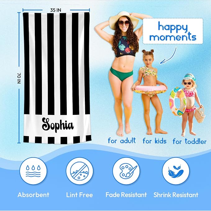 JML Personalized Beach Towel with Name, Custom Cabana Stripe Beach Towel, Customized Microfiber Pool Towel, Quick Dry & Absorbent Swim Towel for Adult,Anniversary, Birthday, Summer Holiday,Vacation
