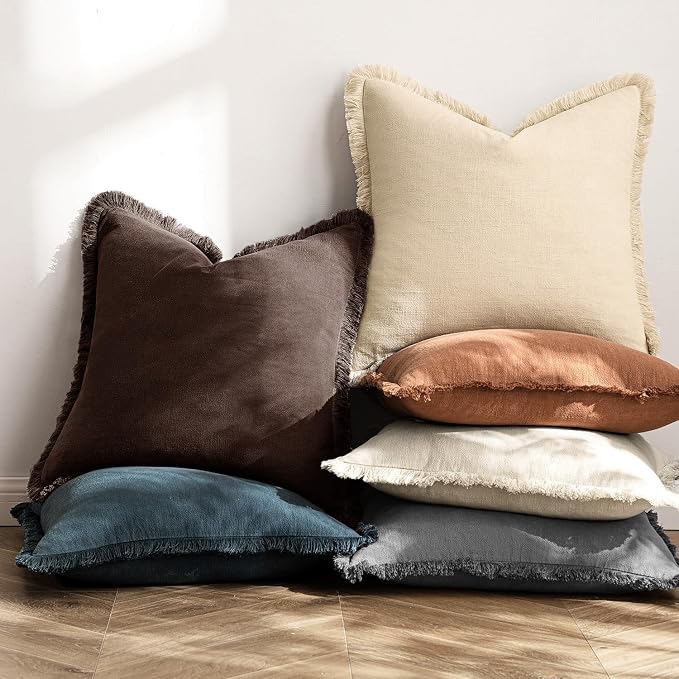 MIULEE Linen Decorative Fall Euro Throw Pillow Covers Dark Brown 26x26 | Set of 2, Cottagecore Decor, Boho Farmhouse Neutral Pillow Covers, Rustic Fall Fringe Couch Cushion for Sofa Bed Living Room