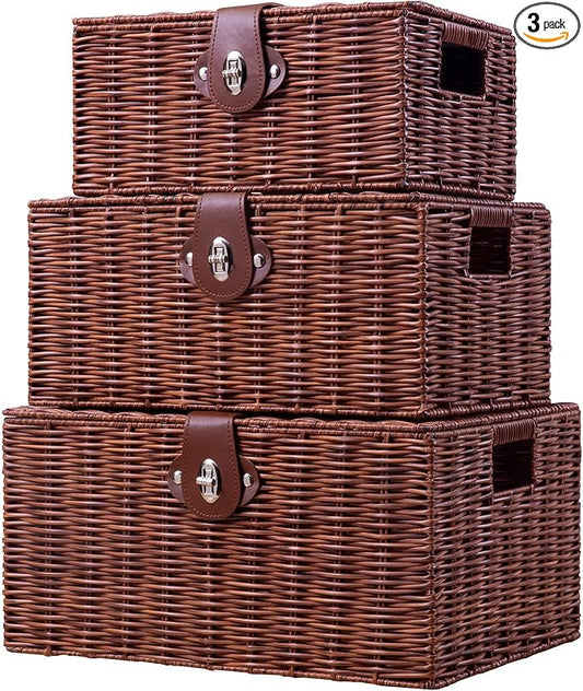 Set of 3 Woven Wicker Storage Basket Box with Lids & Lock, Built-in Carry Handles, Multifunctional Storage Organizer for Nursery, Baby, Toys, CLoset, DVD Large/Medium/Small Size (Natural)