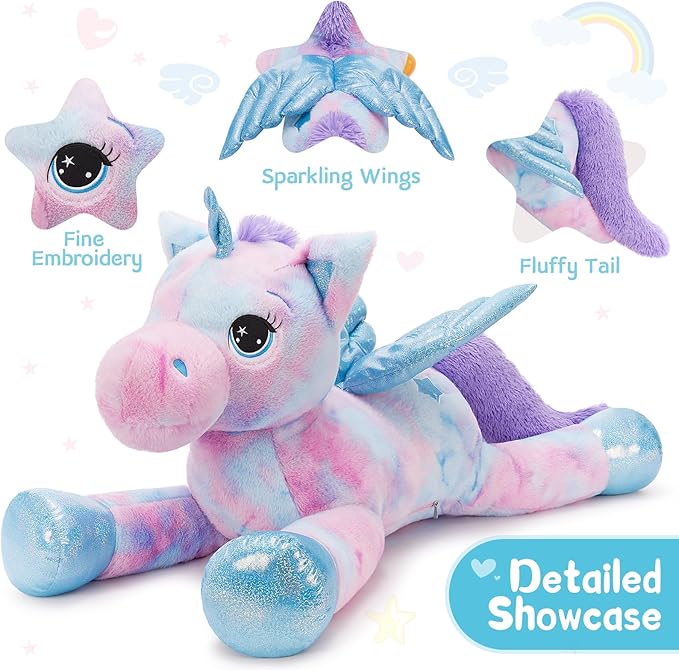 Tezituor 43 Inch Rainbow Purple Unicorn Stuffed Animal with Wings, Giant Stuffed Unicorn Plush Toys for Girls Kids Boys Women,Soft Plushie Gifts for Valentines Day,Christmas, Birthday Party