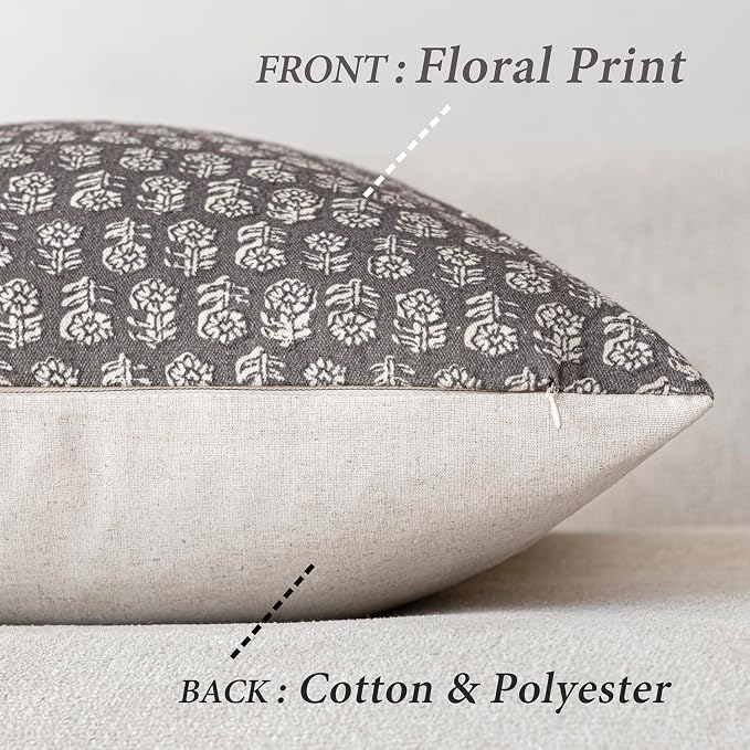 Foindtower Set of 2 Decorative Vintage Floral Print Throw Pillow Covers Neutral Modern Farmhouse Cushion Covers Boho Home Decor for Sofa Couch Chair Bedroom Living Room,18×18 Inch,Rustic Gray