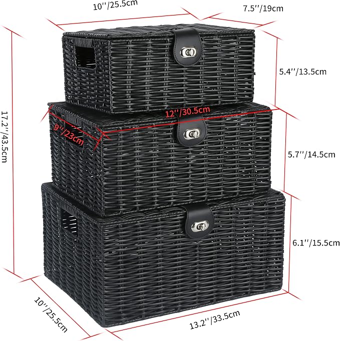 Honygebia Black Wicker Storage Baskets - Set of 3 Decorative Nesting Boxes with Lids, Woven Basket with Lock & Handle, Organizer for Beauty Makeup Bathroom Decor