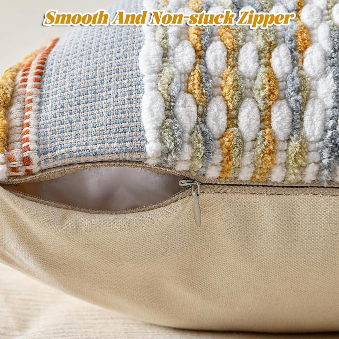 Set of 2 Chenille Striped Textured Boho Throw Pillow Covers Aesthetic with Tassels Woven Decorative Pillow Case for Couch Bed Sofa Bedroom Modern Funky 18 x 18-Inch Grey