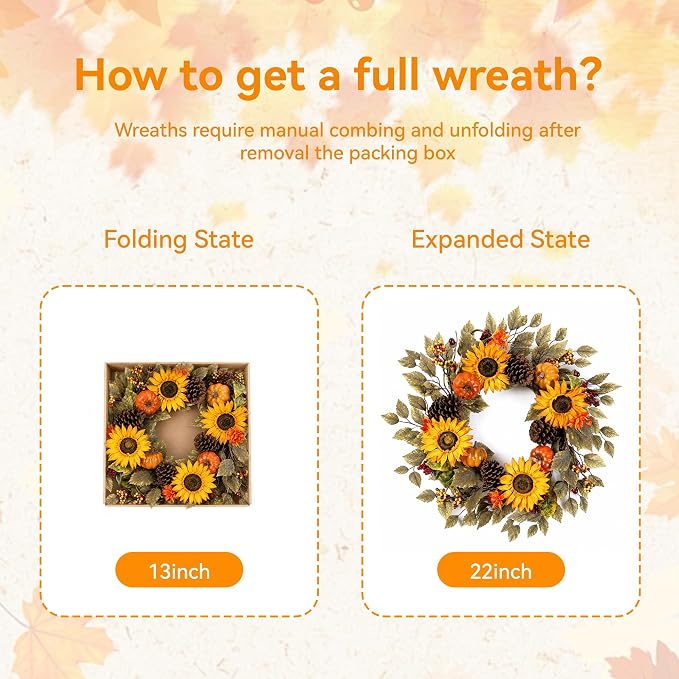 20" Fall Wreath Front Door Pumpkin Sunflower Pine Cones Artificial Wall Decor Farmhouse Autumn Wreath Thanksgiving Home Porch Outdoor Indoor Holiday Harvest Decor