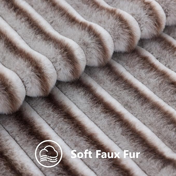 decorUhome Fall Faux Fur Throw Pillow Covers 22x22 Set of 2 Brown White | Decorative Soft Cozy Striped Plush Modern Farmhouse Boho Couch Pillow Cases Velvet Back for Sofa Bed Living Room Home Decor
