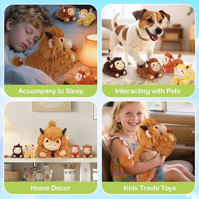 KMUYSL Highland Cow Stuffed Animal for Girls Ages 3 4 5 6 7 8+ Years Old, Mommy Cow Animals Plush Toys with 4 Baby Calves, Soft Animal Stuffed Toys Set, Christmas Birthday Gifts for Kids Girls