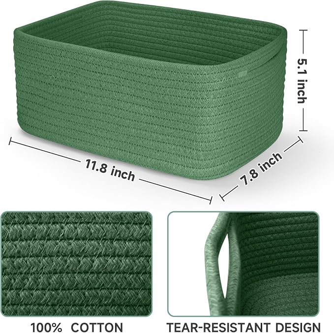 3 Pack Small Storage Baskets for Organizing, 11.8×7.8×5.1", Green | Woven Baskets for shelves, Cotton Rope Basket for Gifts Empty, Closet Organizer Bins with Handles, Cube Decorative Box