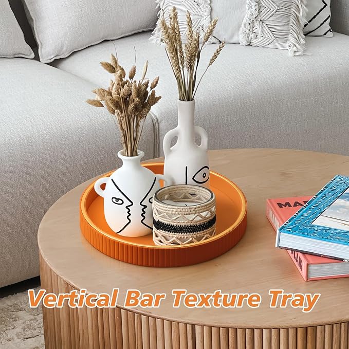 Leather Tray Desktop Storage Organizer, Round Valet Tray, Orange | Premium Serving Trays Decorative Tray Desk Organizer for Sundries Cosmetics Phone Wallet Keys Cutlery, 10x10in