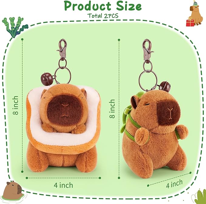 Achwishap 2PCS Capybara Plush Keychain,Cute Keychain Capybara Stuffed Animal,Soft Capybara Plush Toys Key Chain,Kawaii Plushie Stuffed Toys for Kids Adults(Capybara Turtle,Capybara Bread)