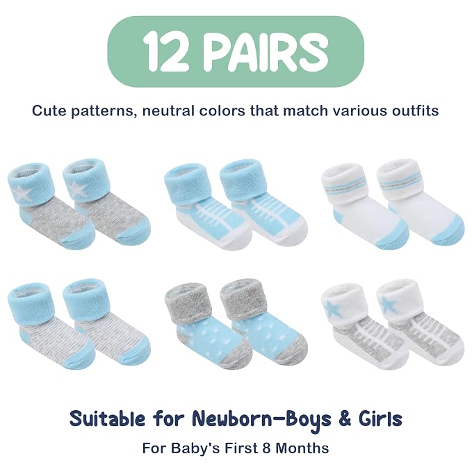 Mother's Choice Organic Cotton Baby Socks 0-6 Months - 12 pairs Unisex, Warm Infant Socks, Soft Neutral Boy & Girl Socks, Gentle Newborn Socks, Baby Gift, Ideal for Daily Comfort for Baby