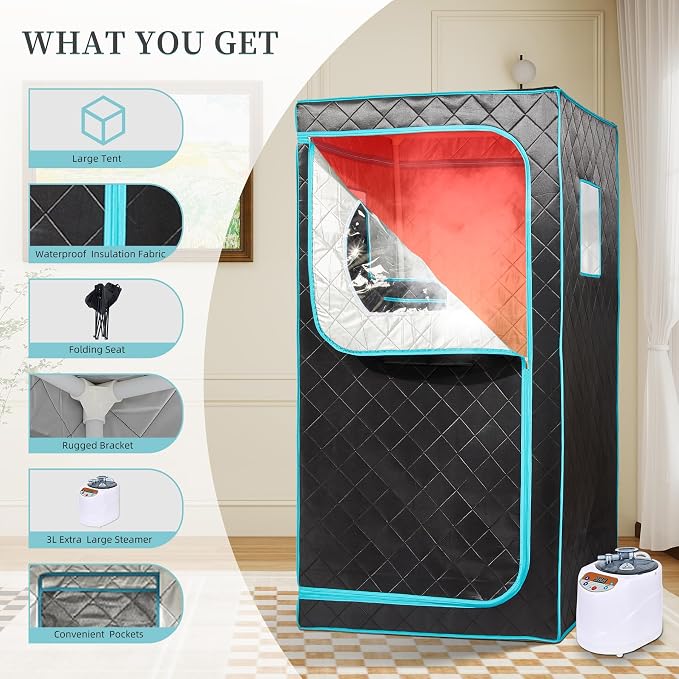 Portable Steam Sauna– Red Light Therapy Home Sauna Tent with 3L & 1500W Steamer, Remote Control Time & Temperature Settings, Foldable Chair Included for Relaxation