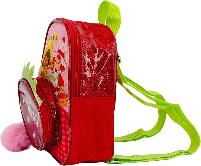 AI ACCESSORY INNOVATIONS Strawberry Shortcake 9” Micro Mini Backpack Purse Featuring Glitter PU, Diecut Strawberry Pocket & Pompom Dangle, Red