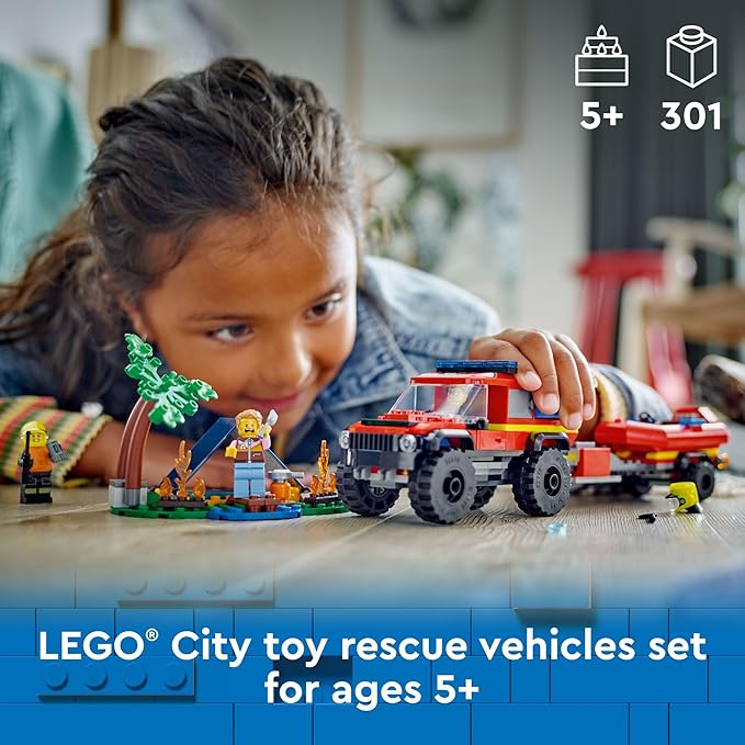 LEGO City Fire 4x4 Fire Truck with Rescue Boat Building Toy - Pretend Play Preschool Toy for Boys & Girls, Ages 5+ - Gift Ideas for Birthdays - 60412