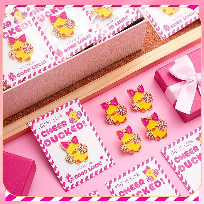 Quelay 24 Pack Cheer Team Gifts Bulk Cheerleader Duck Pins Brooches You've Been Cheer Ducked Tags Team Inspirational Gift Accessories for Teammates