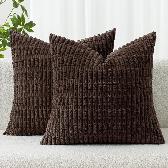 MIULEE Corduroy Decorative Throw Pillow Covers 18x18 Dark Brown Pack of 2 | Soft Boho Striped Pillow Covers Modern Farmhouse Fall Home Decor For Sofa Living Room Couch Bed
