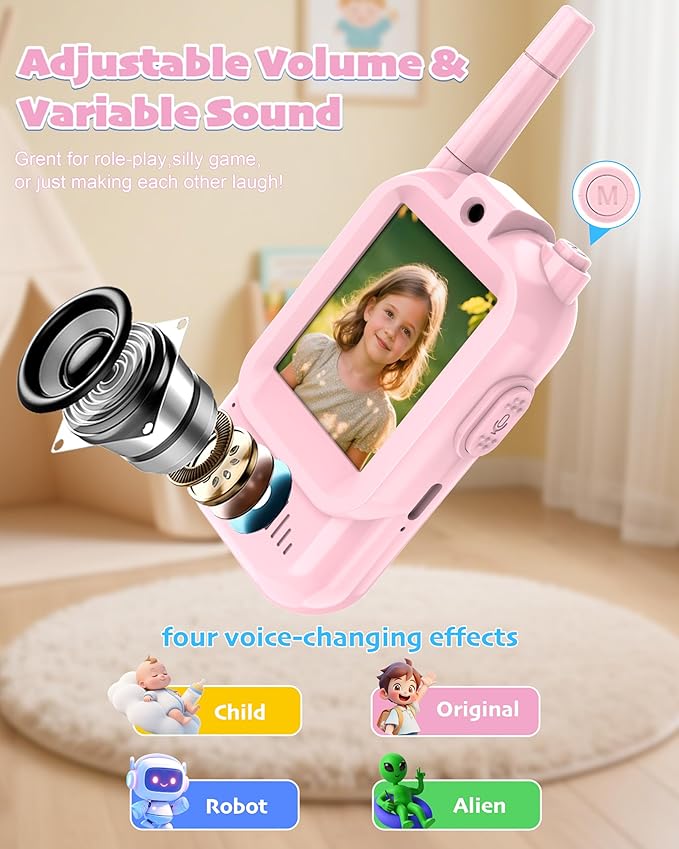 Video Walkie Talkies for Kids 2 Pack with Voice Changer, Rechargeable Two Way Radios, Fun Toys for Indoor Play, Camping, Hiking, Travel, Gift for Boys and Girls Ages 3-12