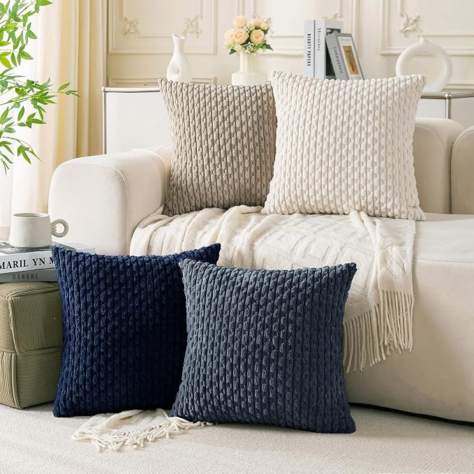 Set of 4 Navy White Taupe Decorative Throw Pillow Covers 22x22 Inch Corduroy Pillow Covers for Bed Couch Sofa Living Room Soft Square Cushion Cases
