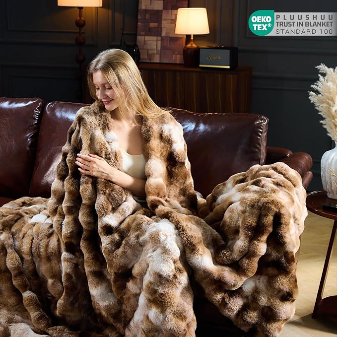 Faux Fur Throw Blanket for Couch, Fluffy Fuzzy Plush Bubble Blanket, Soft Warm Cozy Shaggy Rabbit Blanket, Luxury Decorative Gifts for Sofa Bedroom Living Room, 60x50inch (Tie-Dye-Brown)