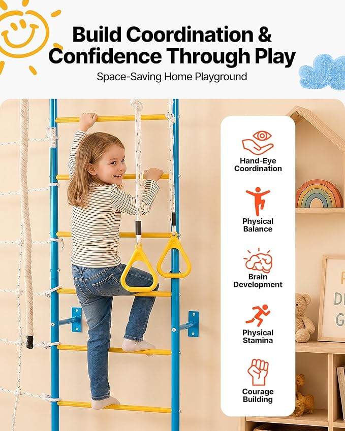 VEVOR Indoor Jungle Gym for Toddlers, 7-in-1 Climbing Playset with Carbon Steel Swedish Ladder, Wall Ladder, Pull-Up Bar, Rope Ladder, and Gymnastic Rings, Supports 220 lbs, Multicolor