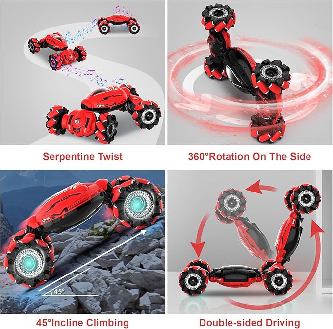 RC Car Toys for Boys Girls 6-12, Birthday Xmas Gifts for 6 7 8 9 10 11 12 Years Old, Gesture Sensing RC Stunt Car with Lights Music 2.4GHz 4WD Hand Remote Control 360° Rotate All-Round Drift