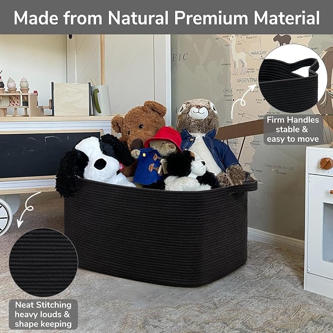 Goodpick Large Woven Rope Blanket Basket, Rectangle, Black, 75L | 21.6'' x 14.9'' x 11.8'' Storage Basket for Blankets, Toys & Pillows, Living Room & Bedroom Organization, Reinforced Handles