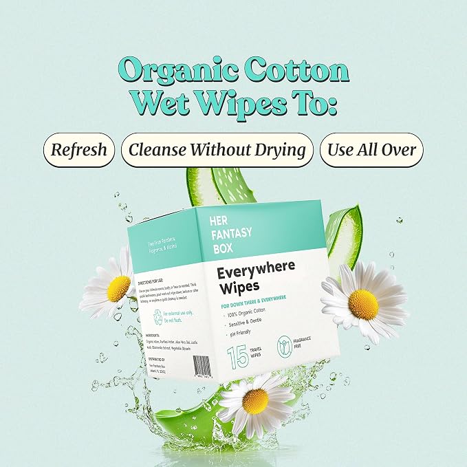 Her Fantasy Box | Everywhere Wipes – 100% Organic Cotton, Gentle & Refreshing, pH-Balanced, Fragrance-Free, Plant-Powered for Body, Face & Intimate Areas, Ideal for Sensitive Skin - 1 Pack, 15 Wipes