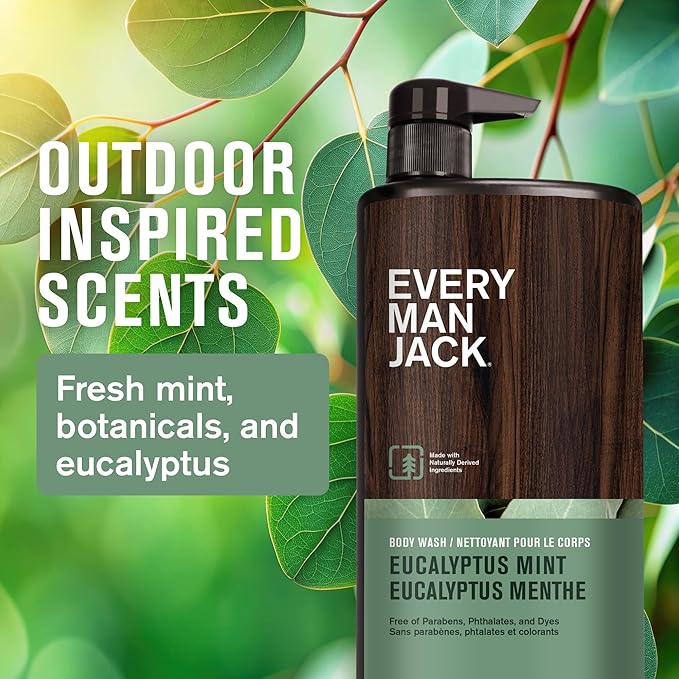 Every Man Jack Eucalyptus Mint Hydrating Mens Body Wash for All Skin Types - Cleanse, Nourish, and Hydrate Skin with Naturally Derived Ingredients - Paraben Free, Phthalate Free, Dye Free - 33.8oz