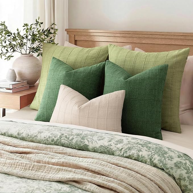 Foindtower Set of 2 Decorative Linen Check Throw Pillow Covers Neutral Farmhouse Lumbar Cushion Covers Modern Boho Accent Home Decor for Sofa Chair Couch Bedroom Living Room,12×24 Inch,Forest Green