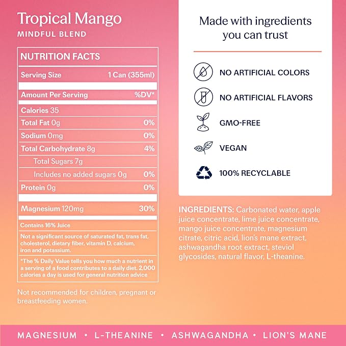 TRIP Lightly Sparkling Adaptogen Drink, Non Alcoholic Drink with Magnesium, Ashwagandha, Lions Mane & L Theanine, No Added Sugar Mocktail, Vegan, Tropical Mango, 12 Oz, 12Pk
