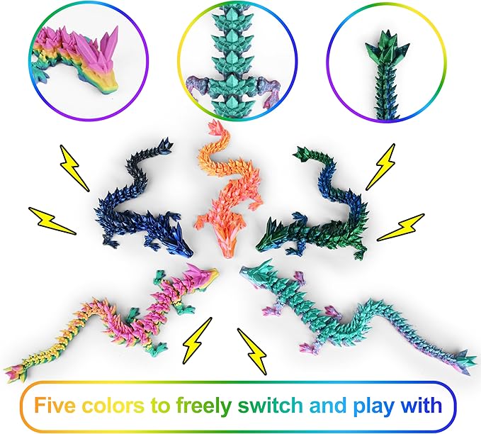 5PCS 12" 3D Printed Dragon Set Articulated Crystal Dragons Dragon Desk Toys, 3D Printed Animals Cool Unique Birthday Gifts for Teen Adult Novelty Christmas Stocking Stuffers Gadget for Men Boy