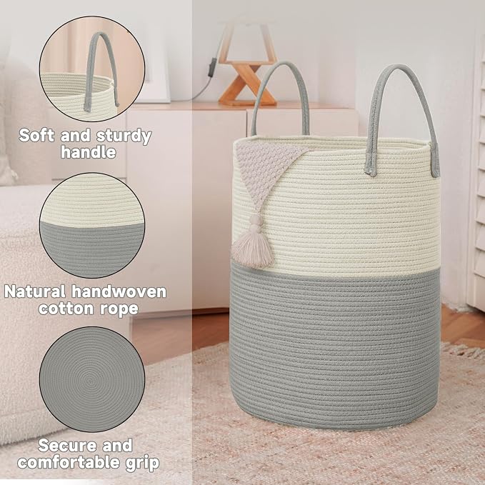 JMvicyroam 60L Cotton Rope Laundry Basket Hamper, White and Grey | Collapsible laundry basket, reinforced handles, freestanding, machine washable, holds 3-5 thick blankets, clothes or toys