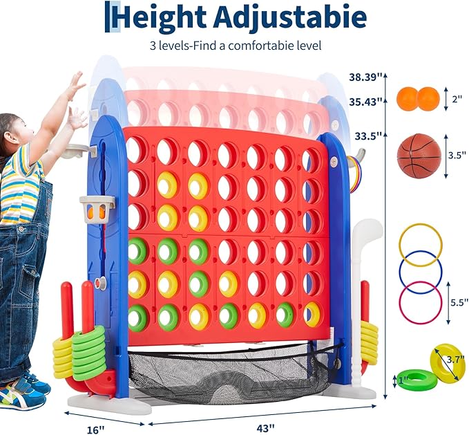 Giant 4 in a Row Game with Carrying Bag, 4-in-1 Giant Connect-4 Game Set with Golf,Basketball,Ring Toss and Mesh Fabric, 3-Level Height Adjustable for Kids & Adults,Large Connect-4 for Family Fun