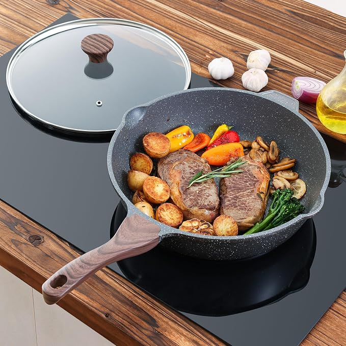 SENSARTE Nonstick Deep Frying Pan Skillet, 12-inch Saute Pan with Lid, Stay-cool Handle, Chef Pan Healthy Stone Cookware Cooking Pan, Induction Compatible, PFOA Free (Pack of 2)