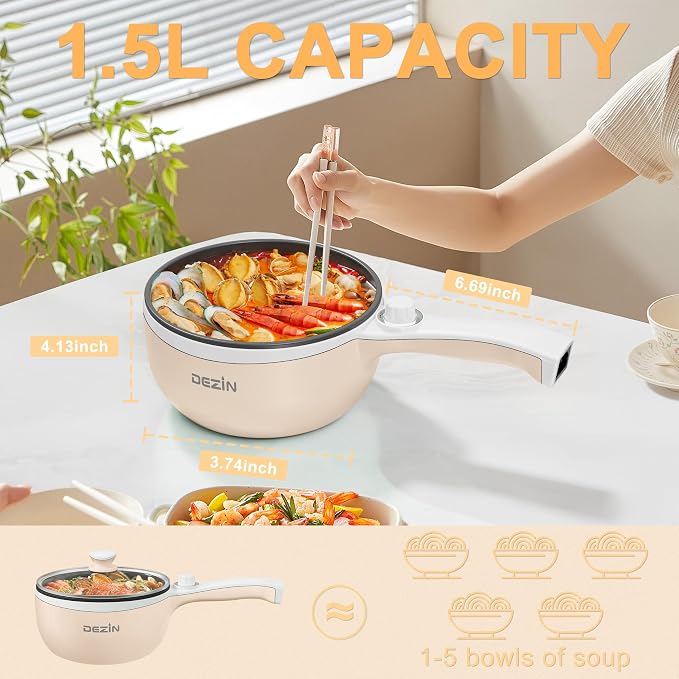 Dezin Electric Pot, 1.5L Non-Stick Portable Hot Pot Electric Upgraded, 700W | Dual Power, Electric Pot for Cooking Steak, Egg, Oatmeal, Mini Ramen Cooker for Dorm, Travel, Camping, RV, Office, Beige Pan